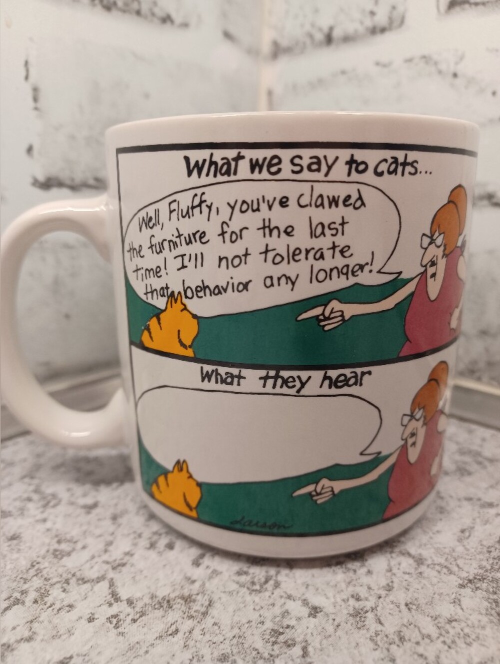 The Far Side Mug Cup What Cats Hear Don't Listen Gary Larson 1985 Vintage